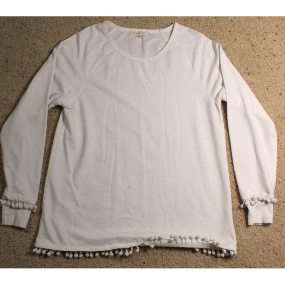 Retrology‎ White Pom Pom Hem Top Juniors M Long Sleeve Boho Cottagecore Cute